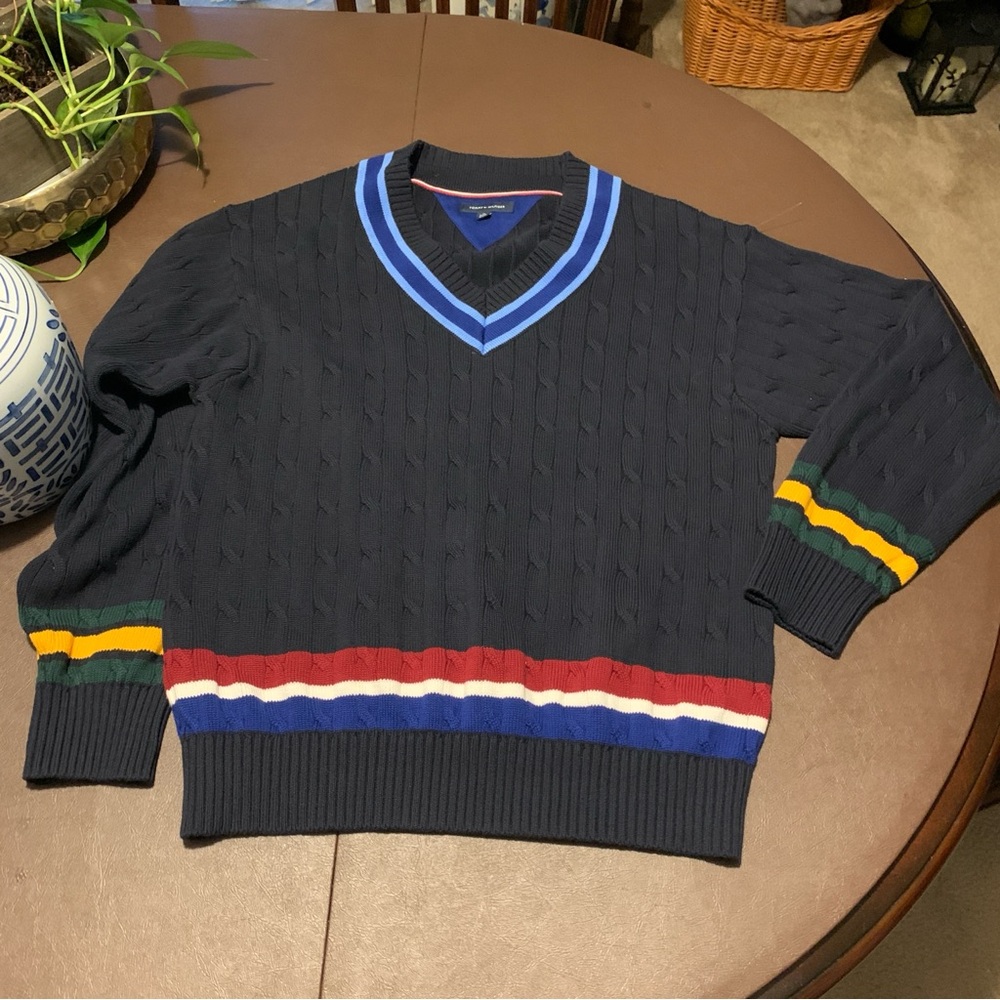 Tommy Hilfiger Mens Cable Knit Varsity V-Neck Sweater XL
